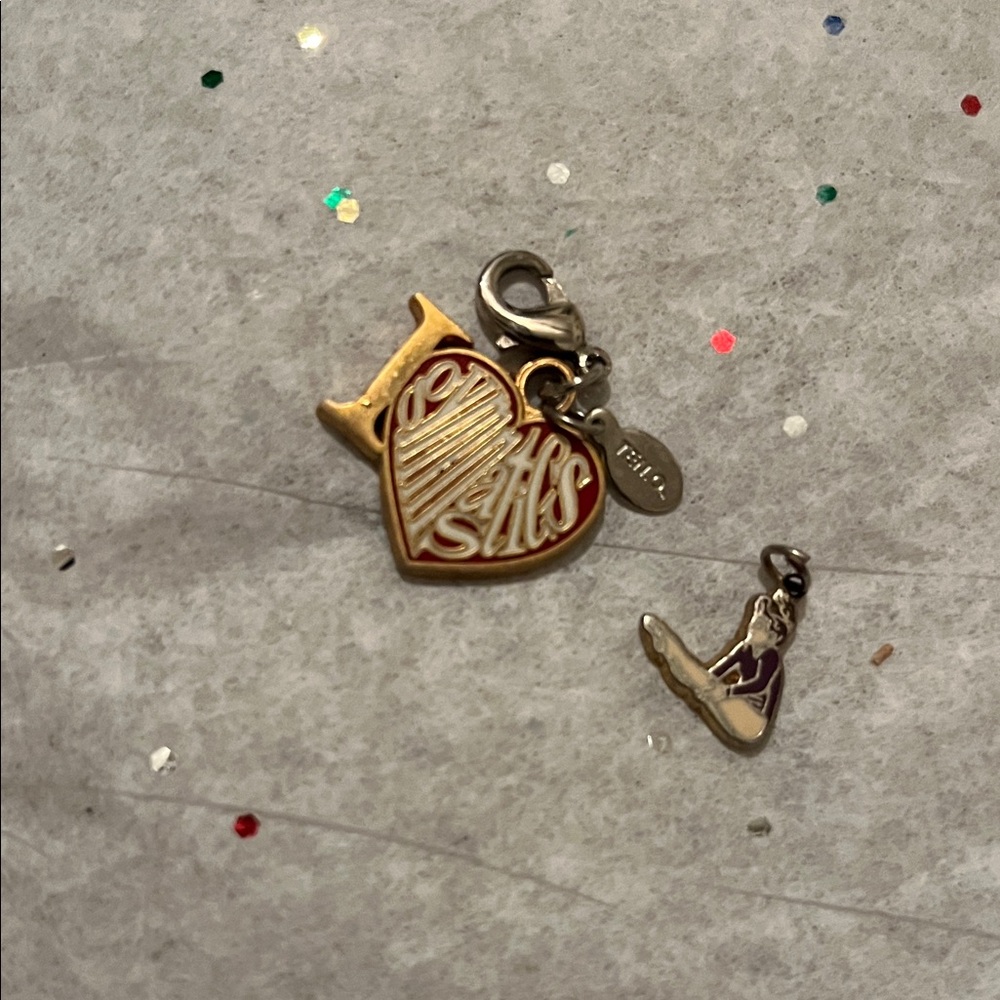 Gold I heart Gymnastics Charm with Silver Clasp and a gymnast pendant